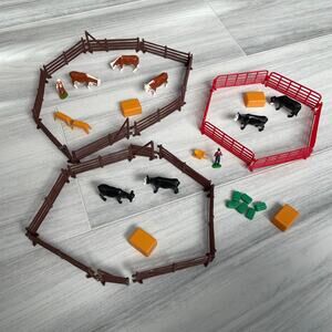 ERTL Farm Country Plastic Toy Set Ranch Play Farmer Cow Fence Cowboy Hay Cattle
